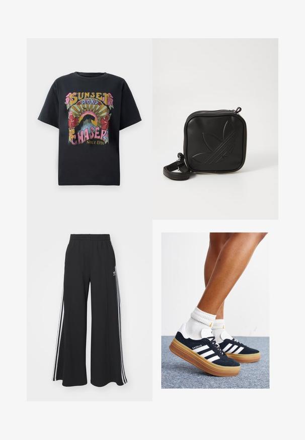 Schwarzes Baumwoll-T-Shirt mit einem bunten Graf design, das Blumen, Sonnenstrahlen und den Text "SUNSET ROXY CHASER Since 1990" deutlich zeigt.; Schwarze weite Sweatpants mit elastischem Bund, versehen mit weißen Seitestreifen und einem gestickten Logo auf dem linken Oberschenkel.; Schwarze Wildledersneaker mit weißen Streifen und Akzenten, rundlicher Zehenbereich, Sohlen aus braunem Gummi, kombiniert mit weißen, gerippten Sneakersocken.; Schwarze Umhängetasche aus strukturiertem synthetischem Material. Verfügt über ein eingeprägtes Logodesign und einen verstellbaren Riemen. Mit Reißverschluss geschlossen.