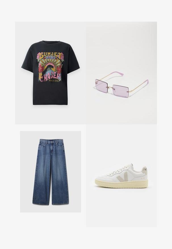Fekete pamut póló, színes grafikai mintával, amely virágokat, napfényt és a "SUNSET ROXY CHASER Since 1990" feliratot prominensen ábrázolja.; Széles lábú kék farmernadrág elhalványodott felülettel, gombos és cipzáras záródással, öt zsebbel és övhurkokkal.; Fehér bőr sneaker bézs velúr részletekkel, perforált orr résszel, lapos fűzőkkel és textúrált krémszínű talppal. Finom márkajelzés található a sarkán.; Lila árnyalatú, téglalap alakú napszemüveg vékony arany fém kerettel. Átlátszó orrpárnákkal és világoslila műanyag fülpárnákkal rendelkezik.; Fekete műbőr kézi táska krokodil bőr textúrával, összehúzható tetejű és gyűrt pánttal. Lágy és kompakt dizájnúnak tűnik.