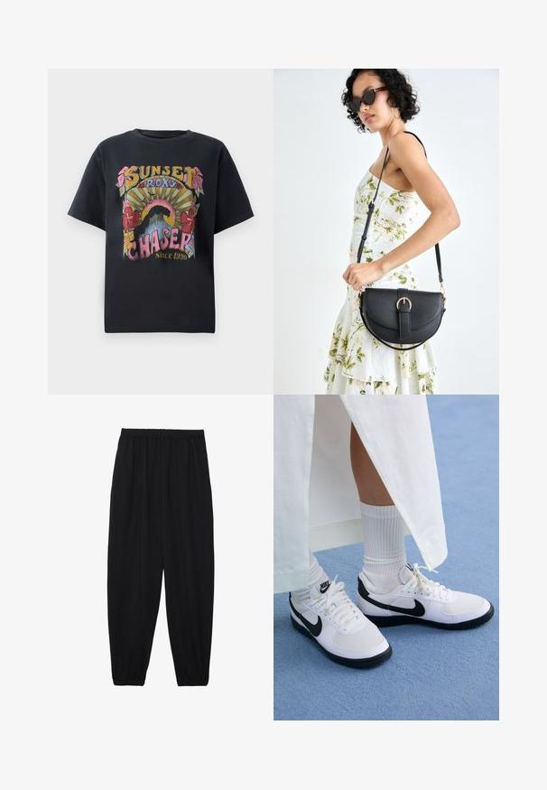 Black cotton t-shirt featuring a colorful graphic design with flowers, sun rays, and text "SUNSET ROXY CHASER Since 1990" prominently displayed.; Black, lightweight pants with an elastic waistband and gathered ankles. The fabric is smooth and features a relaxed, tapered design.; White Nike sneakers with black accents, featuring a smooth leather upper, white laces, and sturdy rubber outsoles, paired with white ribbed socks.; Black leather handbag with a curved shape, detachable strap, and gold hardware. The bag features a flap with a buckle detail.