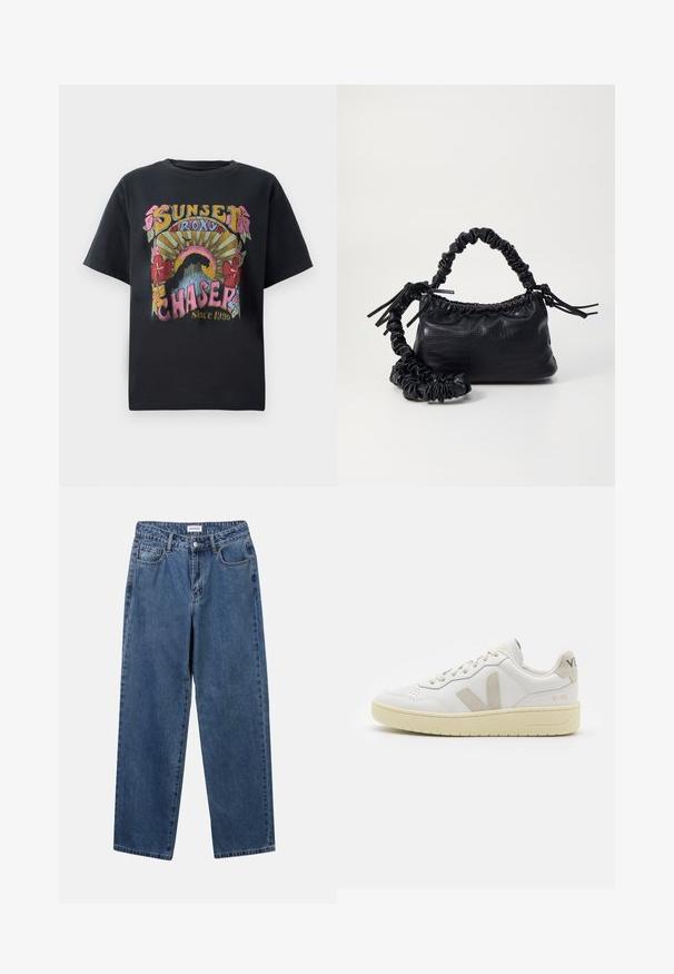 T-shirt en coton noir avec un design graphique coloré comprenant des fleurs, des rayons de soleil, et le texte "SUNSET ROXY CHASER Depuis 1990" soigneusement affiché.; Jean en denim bleu classique avec une coupe droite, cinq poches et une fermeture par bouton. Présente un lavage moyen et une texture robuste.; Baskets blanches en cuir avec des accents en daim beige, boîte à orteils perforée, lacets plats et semelle texturée crème. Présente un logo discret au talon.; Sac à main en simili cuir noir avec une texture crocodile, un dessus resserré et une sangle froncée. A l'apparence douce et compacte.
