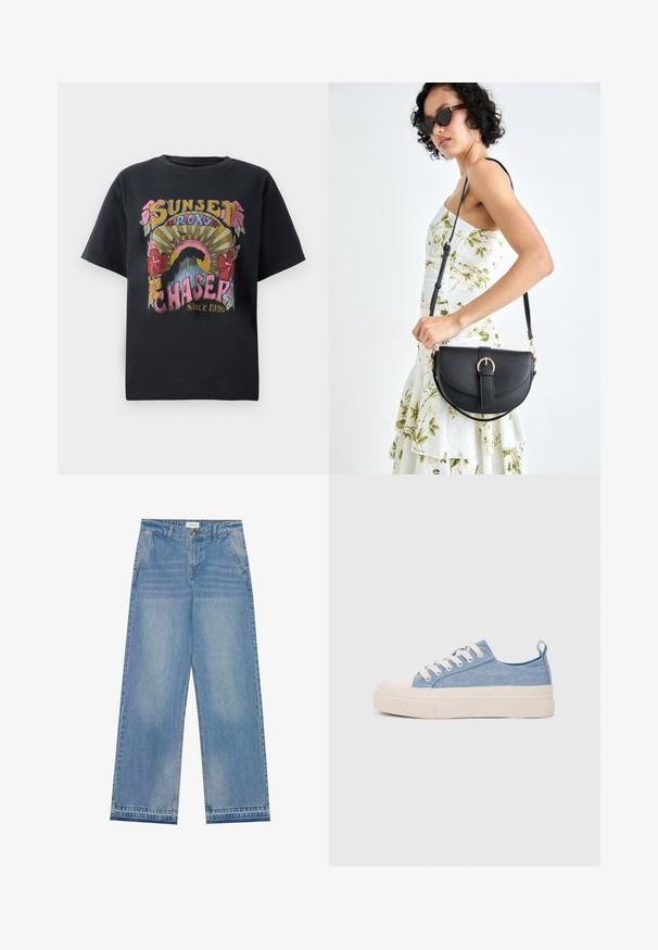 Čierne bavlnené tričko s farebným grafickým dizajnom, ktorý obsahuje kvety, slnečné lúče a text "SUNSET ROXY CHASER Since 1990" výrazne zobrazený.; Svetlo modré vysoké nohavice s rozšírenými nohavicami, s gombíkovým uzáverom, prednými vreckami, pútkami na opasok a jemným vyblednutím.; Svetlomodré plátené tenisky s krémovou gumovou špičkou a podrážkou, obsahujúce biele šnúrky a pútko na päte.; Čierna kožená kabelka s zaobleným tvarom, odnímateľným popruhom a zlatými doplnkami. Kabelka má klopu s detailom s prackou.