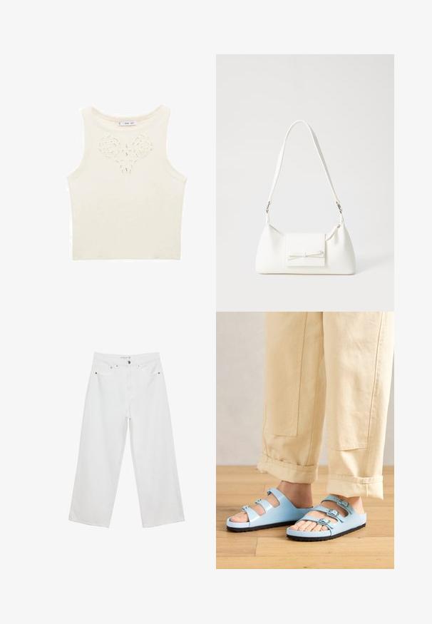 Top sans manches crème avec un design découpé floral au centre. Fabriqué à partir d'un tissu tricoté texturé avec une coupe ajustée.; Jean large blanc en denim avec taille haute, comportant cinq poches et des accents en métal. Texture lisse, sans motifs visibles.; Des sandales à glissière bleu clair avec trois sangles réglables et des boucles en argent ; semelle texturée et matériau supérieur lisse. Portées avec un pantalon beige retroussé.; Sac à main synthétique blanc en forme triangulaire, avec un rabat avant plat et un détail en nœud, une bandoulière ajustable, une texture lisse et un design minimaliste.