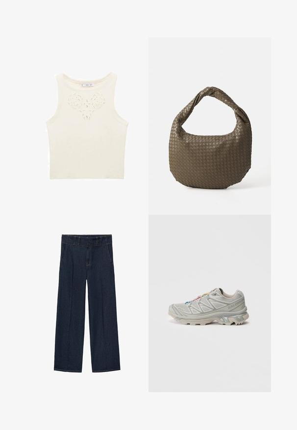 Krémová bezramienková blúzka so kvetinovým vystrihom v strede. Vyrobená z textúrovanej pleteniny s priliehavým strihom.; Tmavomodré riflové nohavice so širokými nohavicami a vysokým pásom, ktoré majú dve predné vrecká a šité detaily pozdĺž švov.; Svetlošedá športová obuv s texturovaným sieťovinovým zvrškom, reflexnými akcentmi, výraznou podrážkou a farebnými šnúrkami. Má podpůrny dizajn.; Tkaná olivovo zelená kabelka s zaobleným tvarom a skrútenou rúčkou. Textúrovaný povrch má diagonálny vzor. Zipsové zapínanie.