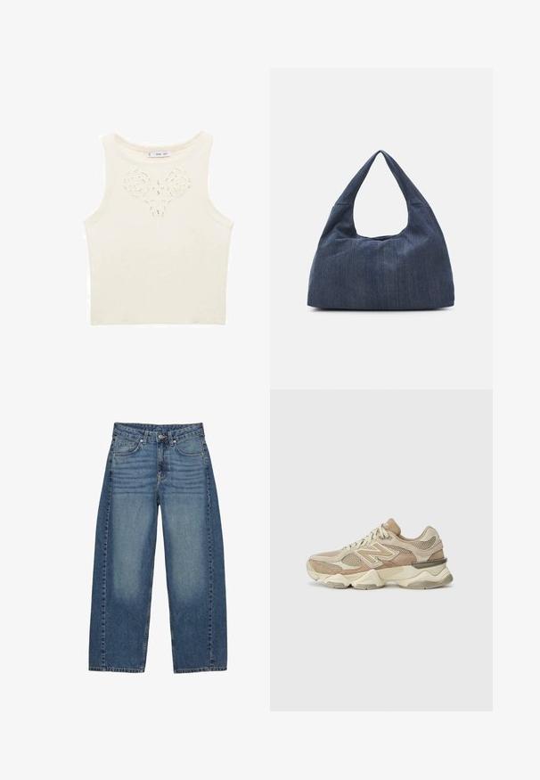 Cremefarvet ærmeløs top med en blomsterudskæring i midten. Lavet af et struktureret, strikket stof med en tætsiddende pasform.; Bredde ben blå jeans lavet af denim, med et klassisk fem-lomme design, i en falmet vask og tonede syninger.; Beige sportsko i mesh og ruskind, rund tå, tykk sål og bemærkelsesværdige reflekterende detaljer på siden.; Mørkeblå denimtaske med en blød, slasket form, der har et hobo-stil håndtag og en struktureret overflade. Ingen synlige metaldele.