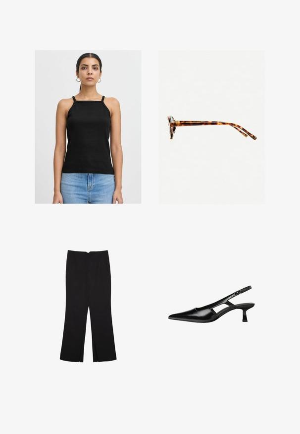 Top in cotone nero a costine con spalline sottili e scollatura quadrata, abbinato a jeans di denim azzurro chiaro. Design semplice e aderente.; Pantaloni neri a gamba dritta, con tasche frontali e spacchi laterali all'orlo. Realizzati in tessuto morbido e liscio. Adatti a diverse occasioni.; Tacchi slingback in pelle verniciata nera con punta affusolata, design con tagli laterali e tacco quadrato piccolo. Texture liscia con dettagli minimi.; Occhiali da sole tartarugati con una montatura spessa, tempie leggermente curve e superficie liscia. Presentano un design classico con una finitura lucida.; Borsa a tracolla nera in pelle con una forma curva, manico rimovibile e accessori dorati. La borsa presenta una patta con un dettaglio a fibbia.