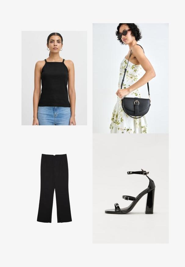 Top in cotone nero a costine con spalline sottili e scollatura quadrata, abbinato a jeans di denim azzurro chiaro. Design semplice e aderente.; Pantaloni neri a gamba dritta, con tasche frontali e spacchi laterali all'orlo. Realizzati in tessuto morbido e liscio. Adatti a diverse occasioni.; Sandali con tacco alto in vernice nera con due cinturini con fibbia, punta quadrata e tacco spesso a blocco, caratterizzati da una texture liscia e lucida.; Borsa a tracolla nera in pelle con una forma curva, manico rimovibile e accessori dorati. La borsa presenta una patta con un dettaglio a fibbia.