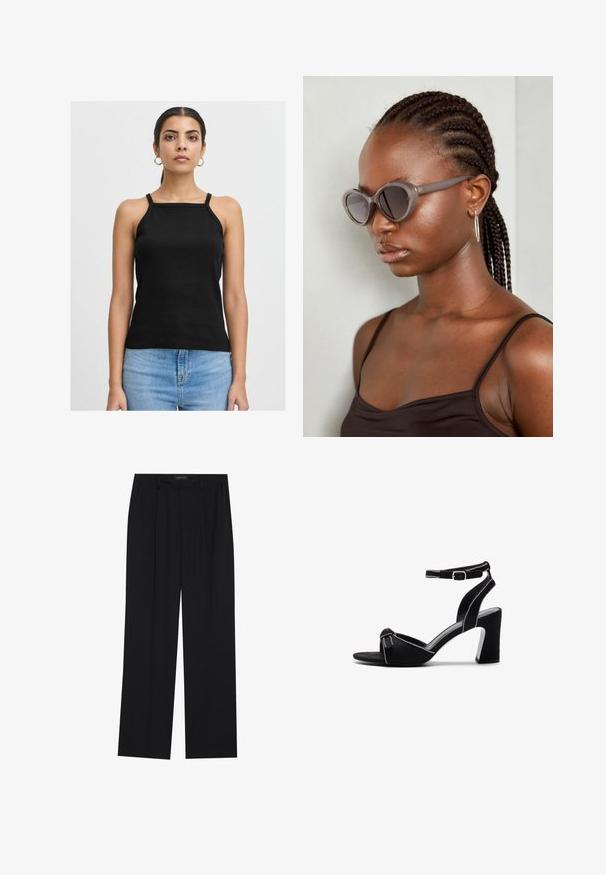 Juodas ribotas topas su siaurais petnešomis ir kvadratine iškirpte, derinamas su šviesiai mėlynomis džinsų kelnėmis. Paprastas, prigludęs dizainas.; Juodos kelnes su tiesiomis sijonais, turinčios dvi priekinės kišenės ir juosmenį. Pagamintos iš lygios, lengvos medžiagos.; Juodos zomšos aukštakulniai sandalai su plačia blokine pakulne, reguliuojama kulkšnies juosta, atvira pirštų dalimi ir kontrastinga siuvimo detalėmis.; Pilki per dideli akiniai suapvalinta forma ir tamsiais lęšiais. Išskirtinės plastikinės rėmo formos glotnus paviršius. Modelis turi nertas plaukus.; Juodas rankinė struktūrizuota forma, lygi tekstūra ir metalinis užsegimas. Suporuota su plačiomis juodomis kelnėmis ir atvirais bateliais ant medinių grindų.