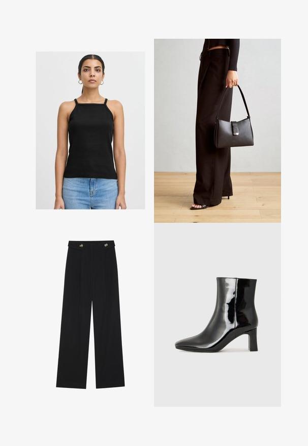 Top in cotone nero a costine con spalline sottili e scollatura quadrata, abbinato a jeans di denim azzurro chiaro. Design semplice e aderente.; Pantaloni neri a gamba larga con vita alta, dettagli con bottoni in vita e pieghe frontali.; Stivaletto in pelle verniciata nera con punta a punta e tacco a blocco di altezza media. Texture liscia e design minimalista.; Borsa nera con forma strutturata, texture liscia e una chiusura metallica. Abbinata a pantaloni neri larghi e sandali open-toe su un pavimento in legno.
