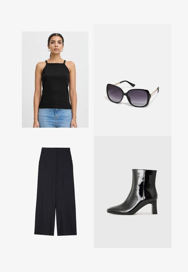 Fekete bordázott ujjatlan felső vékony pántokkal és négyzet alakú dekoltázzsal, világoskék farmernadrággal párosítva. Egyszerű, testhez simuló kialakítás.; Sötét tengerészkék, széles lábú nadrág, sima textúrával, elől redőkkel és díszes, aranyszínű szélekkel a zsebeknél.; Fekete lakk bőrcipő bokáig érő, hegyes orral és közepes magasságú tömbsarokkal. Simább textúrával és minimalista dizájnnal rendelkezik.; Fekete, oversize napszemüveg fokozatos árnyalatú lencsékkel, vastag kerettel és arany színű lánc díszítéssel a szárakon.; Fekete kézi táska strukturált formával, sima textúrával és fémből készült záródással. Széles fekete nadrággal és nyitott orrú szandállal párosítva, fából készült padlón.
