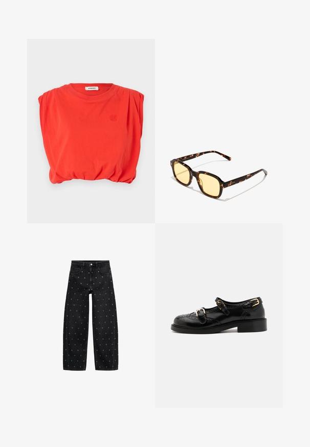 sandro Top - rouge; Zwarte denim wide-leg jeans met een patroon van kleine zilveren oogjes, met een klassieke vijf-pocket design en een knoopsluiting aan de voorkant.; Zwarte leren schoenen met brogue-details, voorzien van twee gespsluitingen, een ronde neus en een lage hak. Glad oppervlak met een glanzende afwerking.; Bruine schildpadzonnebril met vierkante glazen en gele tint. Heeft slanke armen met het logo van het merk. Lichtgewicht kunststof frame.