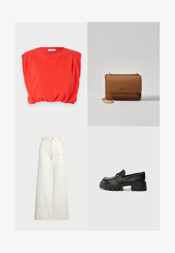 sandro Top - rouge; Weite Jeans aus off-white Denim. Hoch tailliertes Design mit Knopfverschluss, zwei Fronttaschen und kontrastierenden Stickdetails.; Schwarze Lederloafers mit einer klobigen Sohle, die an der Vorderseite ein goldfarbenes Akzent und eine glatte Oberfläche aufweisen. Klobiges Profil-Design auf der Sohle.; Braune strukturierte Ledertasche mit goldener Kettenriemen und Klappenverschluss. Die Vorderseite zeigt ein Logo-Detail und eine Tasche unter der Klappe.