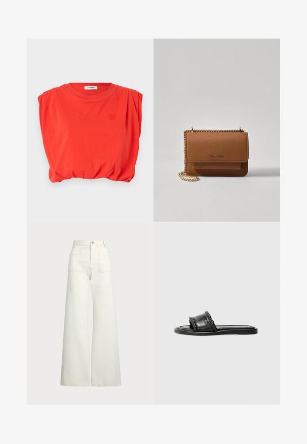 sandro Top - rouge; Jeans a gamba larga in denim bianco sporco. Design a vita alta con chiusura a bottone, due tasche frontali e dettagli di cucitura a contrasto.; Sandal in pelle nera con dettaglio a strappo intrecciato, suola piatta e design elegante. Texture liscia e profilo minimalista.; Borsa a tracolla in pelle marrone con texture, dotata di catena dorata e chiusura a pattina. Sul davanti presenta un dettaglio con logo e una tasca sotto la pattina.