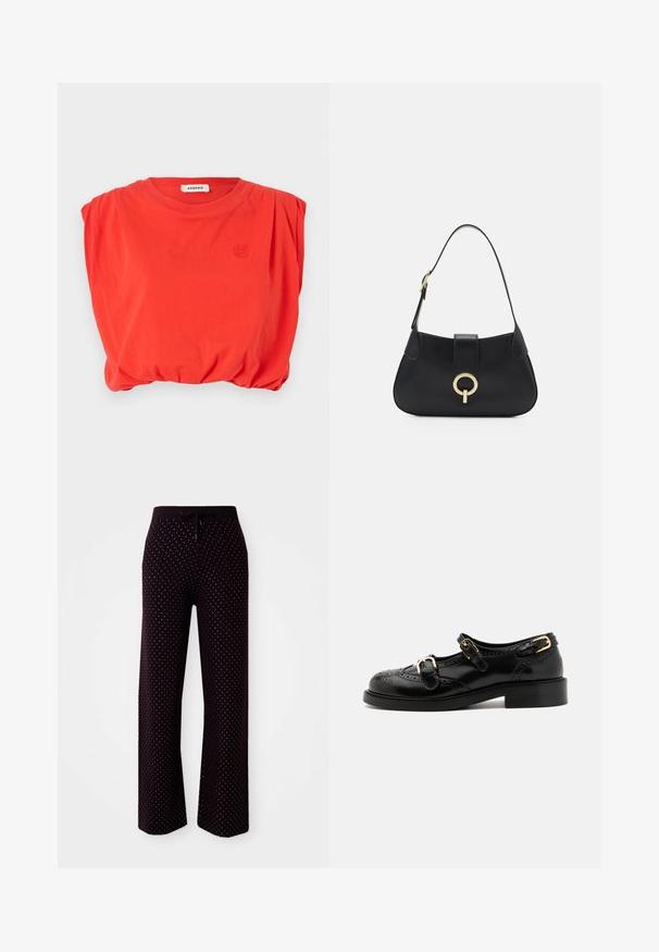 sandro Top - rouge; Dunkellila Lounge-Hosen mit Gummizug, die ein gepunktetes Muster aus kleinen weißen Punkten aufweisen, im weiten Schnitt und aus weichem Stoff gefertigt.; Schwarze Lederschuhe mit Broguedetails, ausgestattet mit zwei Schnallenriemen, einer abgerundeten Zehenpartie und einem flachen Absatz. Glatte Textur mit glänzendem Finish.; Schwarze Ledertasche mit einer geschwungenen Silhouette, kurzer Tragriemen, zentralem goldfarbenem Hardware und glatter Textur. Keine sichtbaren Muster oder Akzente.