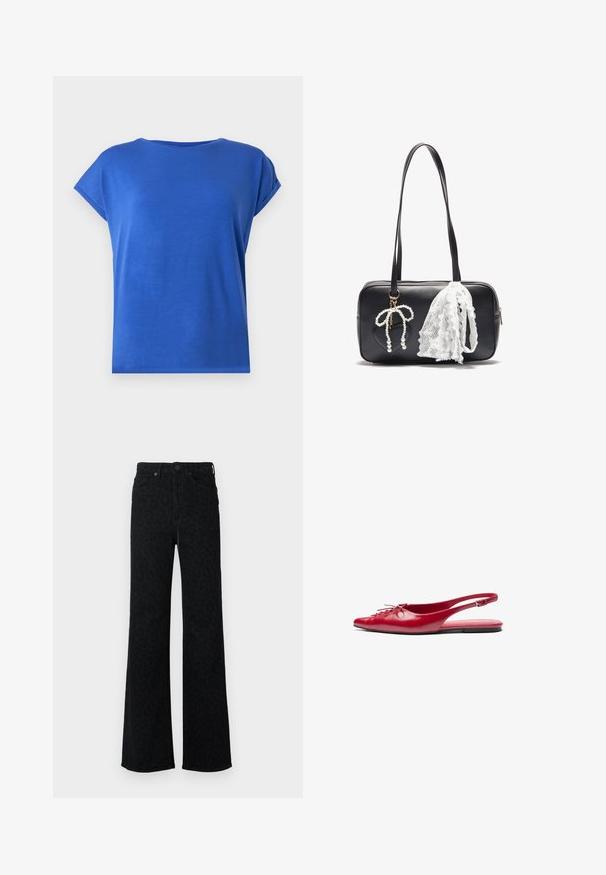 Kurzärmliges T-Shirt mit Rundhalsausschnitt aus glattem Stoff in lebhaftem Blau. Verfügt über eine lockere Passform und aufgerollte Ärmeldetails.; Schwarze hochgeschnittene Jeans mit dezentem Leopardenmuster, geraden weiten Beinen, vorderem Knopf und Taschen.; Rote Leder-Slingback-Ballerina mit spitzem Zehenbereich und dekorativem Schnürdetail an der Vorderseite, ausgestattet mit einem schmalen Knöchelriemen und flachem Fußbett.; Even&Odd Handtasche - black