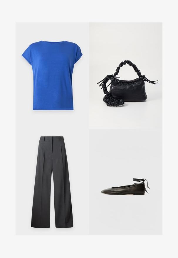 Īsām piedurknēm, apaļa kakla t-krekls, izgatavots no gludas auduma dinamiskā zilos toņos. Piedāvā brīvu piegriezumu un sarullētus piedurkņu dekorus.; Platās kājas bikses tumši pelēkā audumā, ar augstu jostasvietu, ar vienu uzpūstu vīli un gludu tekstūru ar tīru apdari ap malām.; Melnas ādas baleta kurpes ar smailu purngalu, potītes saitēm un plakanu zoli, kas izceļas ar gludu tekstūru un minimālistisku dizainu.; Melnā mākslīgās ādas rokassoma ar krokodila rakstu, savilkta augšdaļa un saburzīta siksna. Izskatās mīksta un kompakta pēc dizaina.