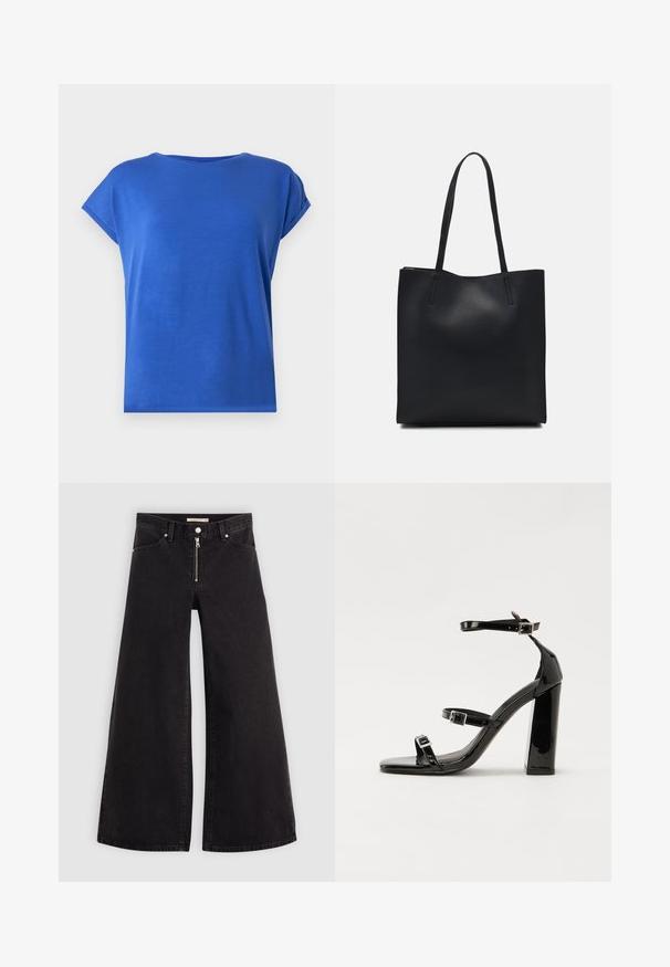 Camiseta de manga corta y cuello redondo hecha de una tela suave en un color azul vibrante. Presenta un ajuste relajado y detalles de dobladillo enrollado.; Jeans de pierna ancha en denim negro con cierre frontal, diseño de cinco bolsillos y detalles de costura sutiles. Textura suave y estilo casual.; Sandalias negras de charol con tacón alto, dos correas con hebilla, punta cuadrada y tacón grueso, con una textura lisa y brillante.; Bolso tote de cuero negro con textura lisa, forma rectangular y dos asas largas. Sin herrajes ni adornos visibles.