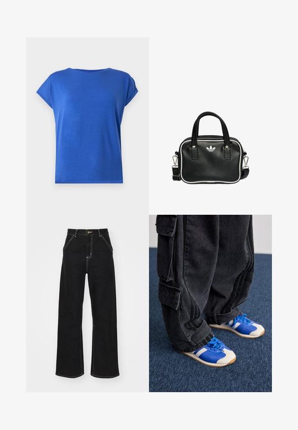Tričko s krátkým rukávem a kulatým výstřihem vyrobené z hladké tkaniny v živé modré barvě. Má volný střih a detaily s ohrnutými manžetami.; Černé široké džínsy vyrobené z denimu, s kontrastním bílým prošitím a předním zapínáním na knoflík, se dvěma šikmými předními kapsami.; Osoba v volných černých cargo kalhotách a modro-bílých teniskách stojící na tmavě modrém koberci.; Černá kožená kabelka se dvěma krátkými uchy, stříbrným kováním, bílými detaily a bílým logem. Má texturovaný povrch a kompaktní design.