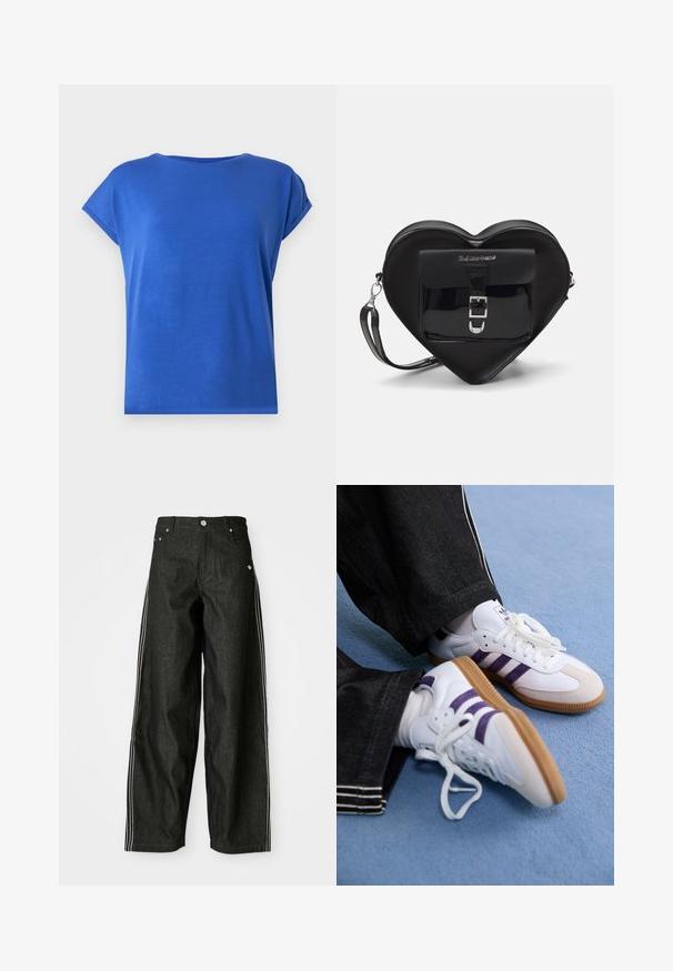 T-shirt med korte ærmer og rund hals lavet af glat stof i en livlig blå farve. Har en afslappet pasform og rullede ærmekanter.; Sorte denim bukser med brede ben og hvide sider, der har forlommer, knaplukning og et diskret logo nær taljen.; Hvide sportsko med lilla striber og brune gummisåler, med runde snørebånd og polstret krave. Båret med mørke denimbukser.; Sort hjertetask lavet af patentlæder med en frontlomme, der har en spænde-lukning og en aftagelig rem. Sølv hardware accenter.