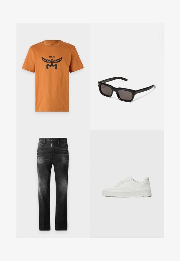 Orange cotton t-shirt with short sleeves, featuring a black graphic logo design with laurel leaves and the text "MCM" printed on the front.; Black denim jeans with a straight fit. Features faded areas, minor distressing, classic five-pocket design, and a button closure.; White leather sneaker with a smooth finish, round toe, flat laces, and a textured sole. Features a subtle logo on the heel.; Black rectangular sunglasses with dark lenses, thick plastic frame, gold accents on temples, and brand logo engraved on the arm.