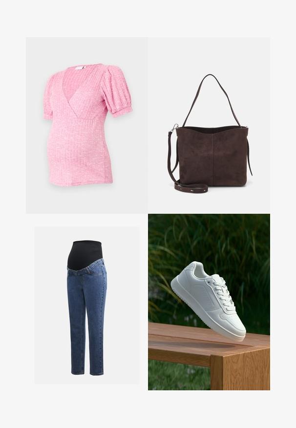 Nėštumo marškiniai šviesiai rožinės spalvos, su raukšlėtu tekstūru, trumpomis pūkuotomis rankovėmis ir giliais V formos iškirpimu. Patogus pritaikymas nėščių moterų dėvėjimui.; Nėštumo džinsai su mėlynos džinsinės medžiagos kojomis ir juodu elastingu pilvo skydeliu, skirtu palaikyti ir uždengti augantį pilvuką.; Balti sneakeriai su lygia sintetine viršutine dalimi, perforuota pirštų zona, plokščiomis raištelėmis ir tekstūruotu padu, padėti ant medinės paviršiaus.; Ruda suede audinė su minkšta tekstūra, turinti vieną petį ir subtilų kreivinį viršutinį atidarymą. Matomų metalinių detalių nėra.