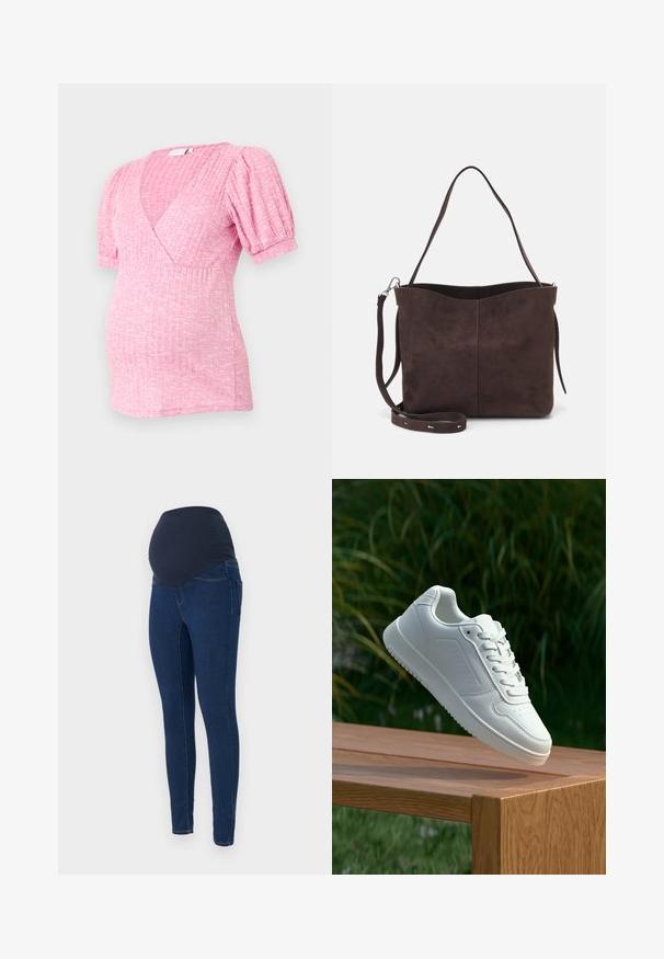 Materinski top v svetlo roza barvi, z rebrasto teksturo, kratkimi nabranimi rokavi in globokim V-izrezom. Udoben kroj za nosečnice.; Nastopni jeansi za nosečnice v temno modrem denimu, z raztegljivim temnim pasom in ožjim krojem ter žepi.; Bela teniska s gladkim sintetičnim zgornjim delom, perforiranim prednjim delom, ravnimi vezalkami in teksturiranim podplatom, prikazana na leseni površini.; Rjava gamoška torba z mehkobo teksturo, ki ima en samo ramenski trak in subtilno ukrivljen zgornji del. Brez vidnih kovinskih detajlov.