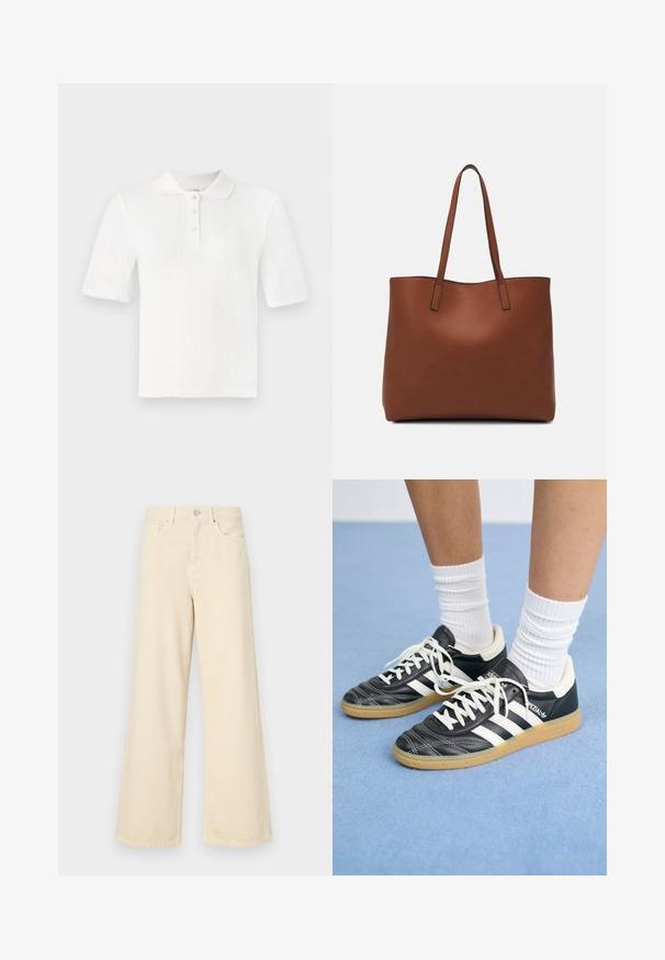 Polo de manga corta de punto blanco con textura acanalada, tapeta de tres botones y cuello clásico. Diseño simple y versátil.; Jeans de pierna ancha beige fabricados en algodón. Cuentan con un cierre de botón, presillas para cinturón y bolsillos frontales con una textura suave y lisa.; Zapatillas de cuero negro con rayas blancas, punta redonda, cordones blancos y suela de goma. Destacan por su cuello acolchado y detalles de marca.; Bolso tote de cuero marrón con una textura suave, diseño de apertura superior y dos correas para el hombro. Presenta una costura mínima y sin herrajes visibles.