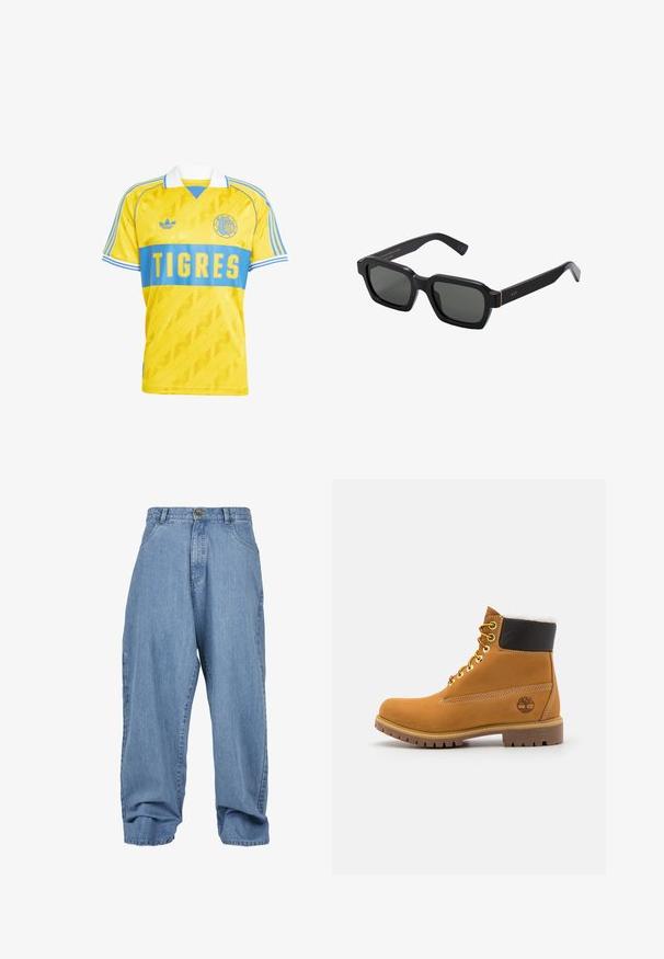 Rumena nogometna majica z modrim vodoravnim pasom, vsebuje napis "TIGRES", vezeno logotip in pasove z vzorcem na ramenih. Narejena je iz gladkega materiala.; Svijetloplave traper hlače sa širokim krojem, zatvaranjem na dugme, prednjim džepovima i manžetom, s klasičnim pet-džepnim dizajnom.; Rjave usnjene gležnjarje z metalnimi luknjami, belim krznom na notranji strani, črnima oblazinjeno ovratnikom, trdo podplatom in vtisnjenim logotipom na strani.; Črna, kvadratna sončna očala z sivimi lečami. Debeli plastični okviri vsebujejo zlate detajle in blagovno znamko na templju. Gladka tekstura.