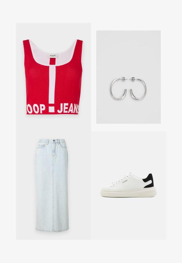 Rdeč zgornji del majice iz strukturiranega pletenega materiala z belimi detajli. Prikazuje logo "JOOP! JEANS" in centralno belo vertikalno črto.; Svetlo modra denim maxi krila s ravnim dizajnom, sprednjim gumbom in vidnim šivom. Ima dva sprednja žepa.; Bele usnjene športne copate z debelim belim podplatom, črnimi semišnimi detajli na peti in utisnjenim logotipom na strani. Zavezovanje s šestimi luknjicami.; Srebrne obročaste uhane z gladko, sijočo površino. Zaobljena oblika, lahka zasnova, z zapiranjem na zatič.