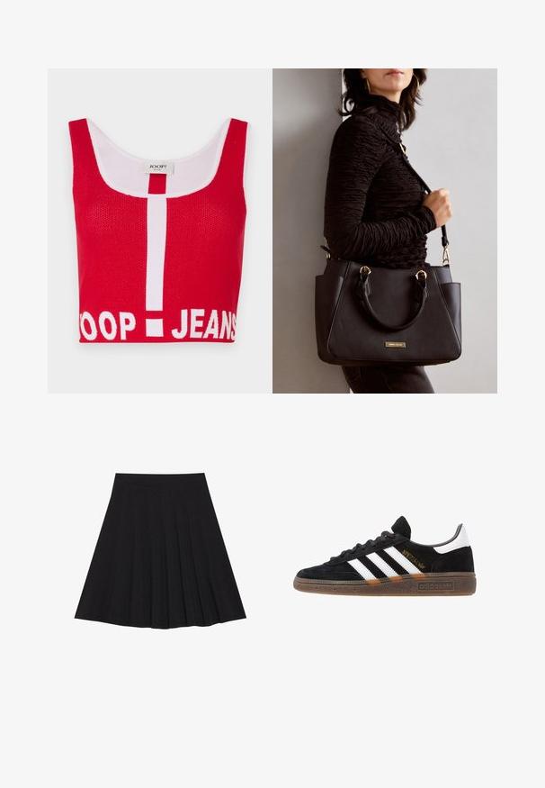 Red knitted crop top with a white accented round neckline, featuring bold "JOOP! JEANS" text at the bottom and vertical stripes.; Black pleated skirt made of textured fabric with a fitted waistband. Falls to knee length, featuring a smooth, clean silhouette.; Black Adidas sneaker with white stripes, gold "Spezial" text, gum sole, and white heel tab, shown in profile view.; Black handbag with textured surface, dual top handles, and adjustable shoulder strap. Features gold-tone hardware and side pockets.