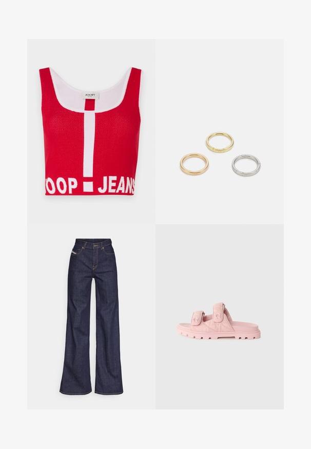 Punane lühike peegelkaelusega topp, valmistatud tekstureeritud kudumist, valgete aktsentidega. Kujutab endast "JOOP! JEANS" logo ja keskel valget vertikaalset triipu.; Tumedates sinised laiad teksad denimpesus, kõrge vöökohaga, mis on varustatud oranžide õmblustega, viie-taskulise disaini ja nööbiga kinnitusega.; Roosa liugjalatsid, millel on kahekordne reguleeritav Velcro rihmad, tekstuurne kangas ülaosa ning vastupidav, paks tallaga, millel on sügavad mustrid.; Kolme metallist rõngast: üks roosa kuld, üks kuld tekstuursete aktsentidega ja üks hõbe, kõik sisepoolt graveeritud brändinguga.