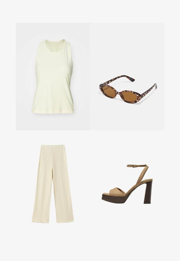Svijetlo žuti bezrukavni sportski top od glatke tkanine, s okruglim izrezom i malim bijelim logotipom na prsima.; Hlače širokih nogavica od teksturirane, kremaste tkanine. Dizajn sadrži valoviti uzorak s visokim strukom i punim nogavicama.; Beige suedirane sandale s visokim potpeticama, širokom prednjom trakom i trakicom oko gležnja, s debelom drvenom blok-potpeticom s teksturiranim završetkom.; Naočale od kornjače s ovalnim lećama, smeškanim tonovima, tanke nogice s teksturiranim uzorkom, lagani plastični okvir.