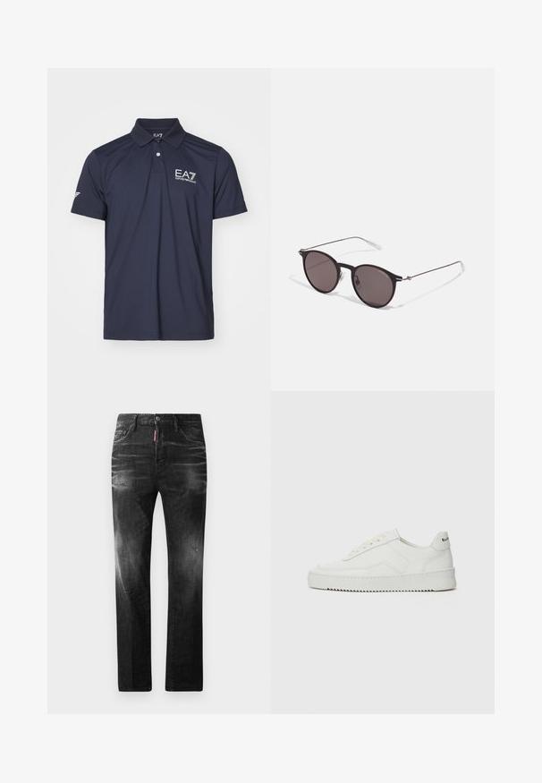 Tamsiai mėlyna polo marškinėliai, pagaminti iš lygios medžiagos, su trimis mygtukais ir išsiuvinėtu logotipu kairėje krūtinės pusėje ir ant rankovės.; Juodi džinsai su tiesiu kirpimu. Spalvoti svyrantys plotai, šiek tiek sugadinti, klasikinis penkių kišenių dizainas ir mygtuko uždarymas.; Balti odiniai sportiniai bateliai su lygia apdaila, apvaliu pirštu, plokščiais raišteliais ir tekstūruotu padu. Pasižymi subtiliu logotipu ant kulno.; Juodos apvalios saulės akinių su tamsiais lęšiais ir plonomis metalinėmis šakomis. Įtraukti skaidrūs šventyklų galai ir sidabriniai akcentai vyrio srityje. Minimalistinis dizainas.