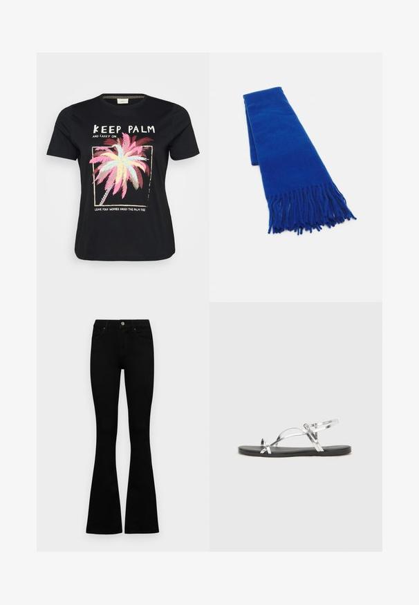 Melna kokvilnas t-kreklu ar krāsainu palmu zīmējumu, kurā ir rozā, zilas un brūnas lapas, un balti teksti neformālā izkārtojumā.; Melni augsta jostas šorti ar pogu un rāvējslēdzēju, priekšējām kabatām un izplestām kājām, nolikti uz balta fona.; Sudraba metāla sandales ar minimālistisku dizainu, kurām ir plānas siksnas un melna plakanā zole. Uzsvari ir krusteniskās siksnas akcenti.; Zilās austās šalles ar bārkstīm, gluda tekstūra, taisnstūra forma un vienveidīga krāsa visā platībā. Piemērota aukstam laikam.; Sudraba divu joslu gredzens ar gludu, pulētu virsmu. Iezīmējas ar plūstošu, izliekta dizaina struktūru ar pārklājošām sekcijām modernam izskatam.