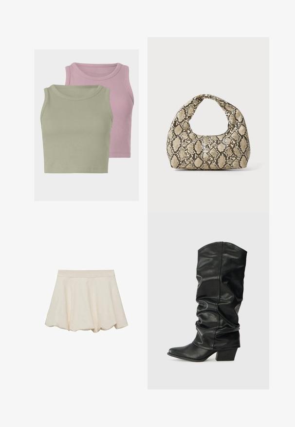 To sove ribbede crop tops uden ærmer, en i lys grøn og en i lys pink, der fremviser blød tekstur og runde halsudskæringer.; Cremefarvet nederdel med en blød, glat tekstur, rundet design og en bølget kant. Har en bred, elastisk talje for komfort.; Sorte læderknæhøje støvler med et skrånet design, spids tå og chunky hæl, der har en glat overflade og minimal syning.; Slangeprint håndtaske med et buet håndtag. Lavet af strukturerede, beige og brune materialer, med et karakteristisk diamantmønster.