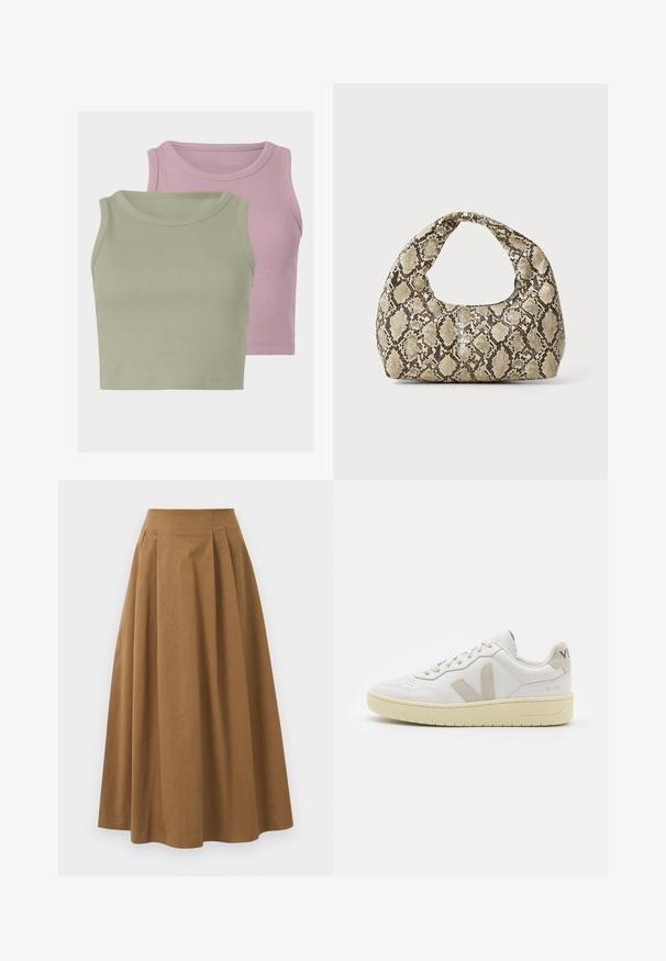 Two sleeveless ribbed crop tops, one in light green and one in light pink, showcasing soft texture and round necklines.; Brown cotton A-line skirt with a high waist, featuring pleats down the front and a smooth texture. Hem finishes are clean and simple.; White leather sneaker with beige suede accents, perforated toe box, flat laces, and a textured cream sole. Features subtle branding on heel.; Snake-print handbag with a curved handle. Made from textured, beige and brown materials, featuring a distinctive diamond pattern.