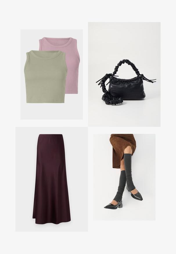 Dwa bezrękawnikowe prążkowane topy crop, jeden w jasnym zielonym, a drugi w jasnym różowym, prezentujące miękką teksturę i okrągłe dekolty.; Burgundowa satynowa spódnica midi o gładkiej teksturze, dopasowanym talii i zwiewnym dołku, z bocznym rozcięciem dla łatwości ruchów.; Czarne lakierowane buty na szpilce z prostokątnym obcasem i paskiem na kostce, zestawione z szarymi prążkowanymi ocieplaczami na nogi oraz brązową zamszową spódnicą.; Czarna torebka z syntetycznej skóry o teksturze krokodyla, z zaciąganym górnym zamknięciem i marszczonym paskiem. Wygląda na miękką i zwartą w designie.