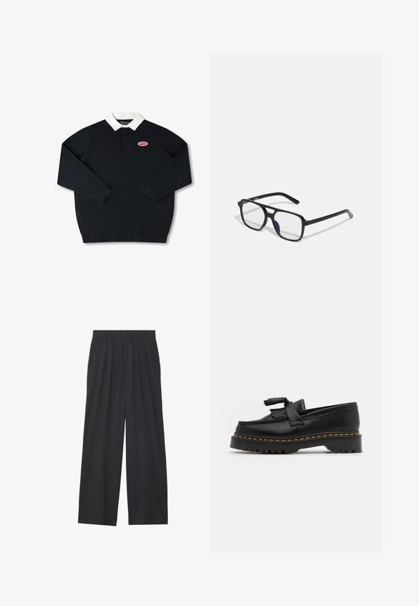 Juodas ilgomis rankovėmis polo marškinėliai su balta apykakle, su raudona siuvinėta logo kairėje pusėje. Pagaminti iš medvilnės, turi sklandų tekstūrą.; Tamsiai pilkos spalvos plačios kojos kelnės. Su klostėmis ties juosmeniu, pritaikyta konstrukcija ir tiesi siluetas.; Juodas odinis loaferis su kutais, turintis masyvų juodą pado ir geltonus siūlus palei kraštą. Textūruota danga.; Juodo stačiakampio formos akinius su skaidriais lęšiais ir subtiliu purpuriniu tonu, turinčius elegantiškas rankenas ir minimalistinį dizainą.