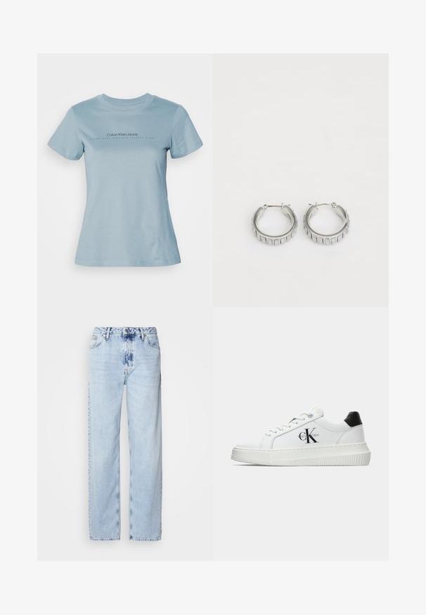 Šviesiai mėlynas medvilninis marškinėliai su apvaliu kaklu, trumpomis rankovėmis ir juodu tekstu "Calvin Klein Jeans" su užrašu "ĮKURTA 1978 METAIS" apačioje.; Šviesiai mėlynos plačios kelnės, pagamintos iš džinsinio audinio, su aukšta juosmens linija, išblukusiu plovimu ir subtiliu tinių dažymu priekyje.; Balti žemakulniai bateliai su juodu kulno dangteliu, platformos padu, raišteliais ir Calvin Klein "CK" logotipu šone.; Sidabrinės auskarų žiedai su tekstūruotu dizainu, turinčiu vertikalias briaunas. Apskritimo forma su saugiu užraktu. Lygi apdaila.