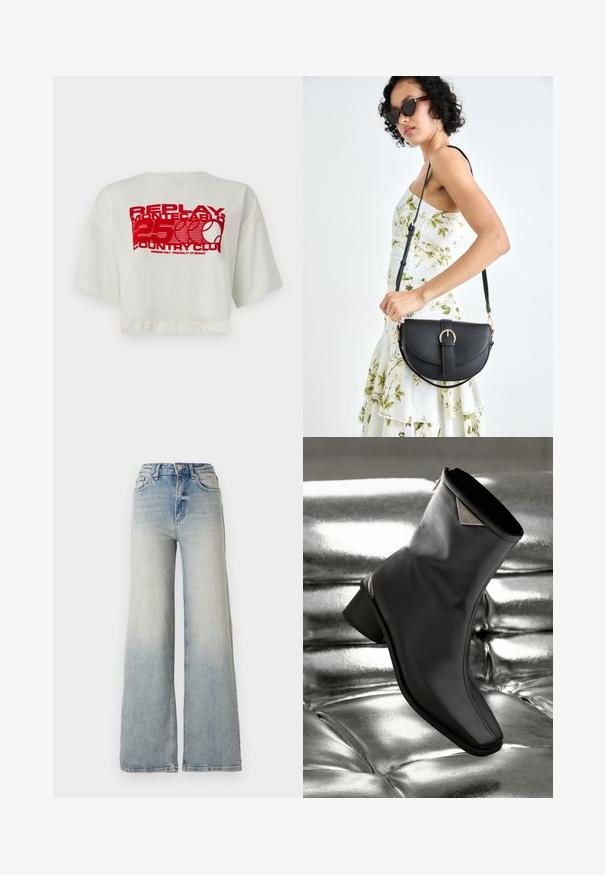 Valge lühikeses varrukas puuvillane t-särk, mille taga on suur punane graafiline trükk tekstiga ja tennisereketi logoga.; Heledad sinine laia säärega teksapüksid, mis on valmistatud denimist, kõrge vöökoht, viis taskut ja nähtav õmblemine õmbluste ääres.; Mustmust musta nahksaabastega, millel on terav varv, minimaalne disain ja väike konts. Ülakaosal on metallaktsendid.; Mustmust mustraha kõverate joontega, eemaldatava rihmaga ja kuldsete detailidega. Kotil on klapp, millel on pandladetail.