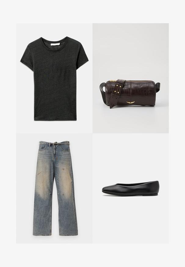 Dark gray short-sleeve t-shirt, crew neck, made from soft, textured fabric with a casual fit. No visible patterns or hardware details.; Light blue denim jeans with a loose, straight-leg design. Features whiskering, fading, and distressed details near knees. Classic five-pocket style.; Paul Smith TOPANGA - Ballet pumps - black; Brown crocodile-embossed leather bag with a cylindrical shape, gold-tone hardware, and a detachable strap featuring studs.