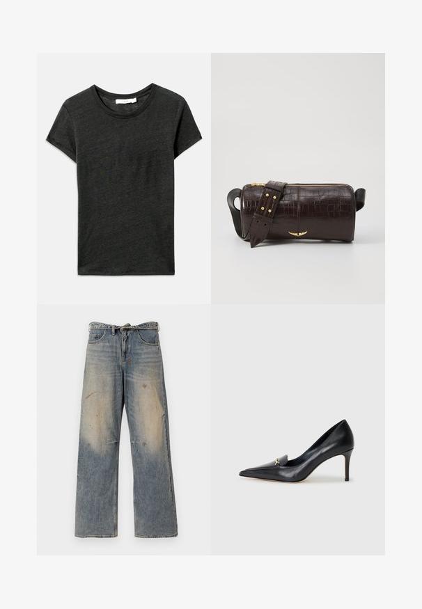 Dark gray short-sleeve t-shirt, crew neck, made from soft, textured fabric with a casual fit. No visible patterns or hardware details.; Light blue denim jeans with a loose, straight-leg design. Features whiskering, fading, and distressed details near knees. Classic five-pocket style.; Black leather pump with a pointed toe, low-cut vamp, and a decorative gold accent. Features a stiletto heel and smooth texture.; Brown crocodile-embossed leather bag with a cylindrical shape, gold-tone hardware, and a detachable strap featuring studs.