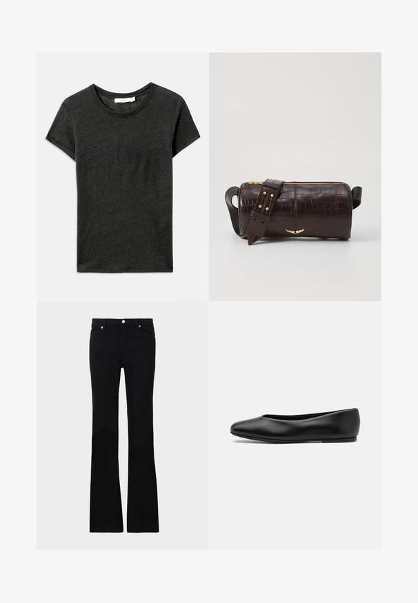 Tumši pelēkā īsās piedurknes T-kreklā, apaļa kakla izgriezuma, izgatavots no mīkstas, teksturētas auduma ar brīvu piegriezumu. Nav redzamu rakstu vai metāla detaļu.; Melni flared džinsi, izgatavoti no džinsa auduma, ar divām priekšējām kabatām, pogu aizdari un gludu tekstūru. Redzamā veikala šuvju rakstība.; Paul Smith TOPANGA - Balerīnas laiviņas - black; Brūna krokodila ādas soma ar cilindrisku formu, zelta toni aparatūru un noņemamu siksnu ar studiem.