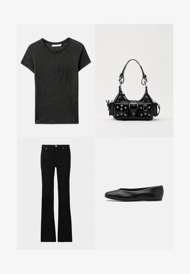 Dunkelgraues Kurzarm-T-Shirt, Rundhalsausschnitt, aus weichem, strukturiertem Stoff mit lässigem Schnitt. Keine sichtbaren Muster oder Hardware-Details.; Schwarze, ausgestellte Jeans aus Denim, ausgestattet mit zwei Fronttaschen, einem Knopfverschluss und einer glatten Oberfläche. Signatur-Nähte an den Nähten sichtbar.; Paul Smith TOPANGA - Klassischer Ballerina - black; Schwarze Lederhandtasche mit einem geschwungenen Design, verziert mit silbernen Nieten, einer Schnalle und zwei seitlichen Taschen. Verstellbarer Träger für verschiedene Tragemöglichkeiten.