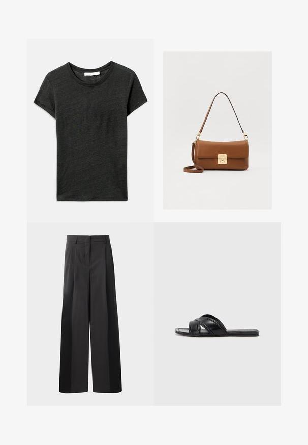 Tmavošedé tričko s krátkym rukávom, s okrúhlym výstrihom, vyrobené z mäkkého, textúrovaného materiálu s voľným strihom. Bez viditeľných vzorov alebo kovových detailov.; Čierne široké nohavice s vysokým pásom, so záhybmi vpredu, hladkou textúrou a prispôsobeným strihom. Navrhnuté pre uvoľnený strih.; Čierne šľapky s hladkým koženým povrchom, so strapcami v tvare kríža a vyrezávanými detailmi, a plochou, flexibilnou podrážkou.; Hnedá kožená kabelka so zlatým uzáverom, plochým dizajnom, krátkym uchom a nastaviteľným ramenným popruhom. Hladká textúra s upravenou siluetou.