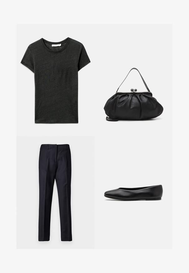 Dunkelgraues Kurzarm-T-Shirt, Rundhalsausschnitt, aus weichem, strukturiertem Stoff mit lässigem Schnitt. Keine sichtbaren Muster oder Hardware-Details.; Marineblaue, maßgeschneiderte Hosen mit glatter Textur, flachem Frontdesign, doppelten Falten und Gürtelschlaufen. Gerader Schnitt, mit umgeschlagenem Saum.; Paul Smith TOPANGA - Klassischer Ballerina - black; Schwarze Lederhandtasche mit einer runden, gefalteten Form. Verfügt über einen metallischen Verschluss mit zwei dekorativen Kugeln und einem schmalen, abnehmbaren Tragegurt.