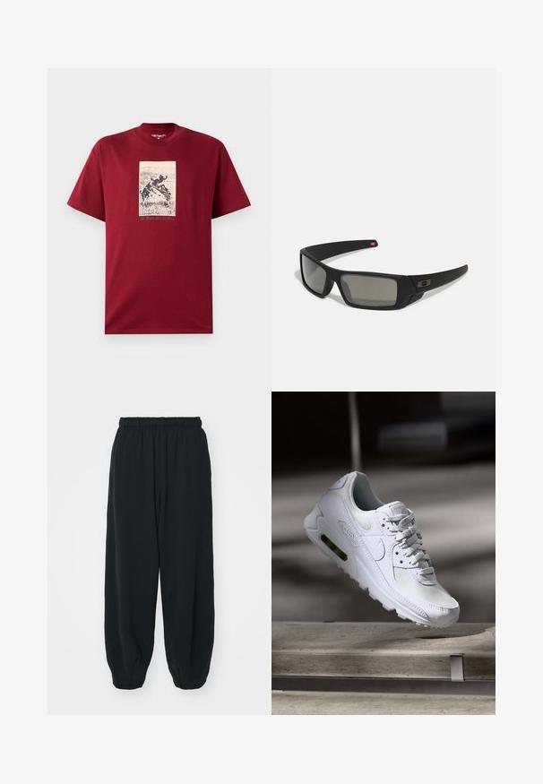 Burgundowa bawełniana koszulka z krótkim rękawem, z czarno-białym nadrukiem przedstawiającym wesołe psy, z napisem "Cała praca i żadnej zabawy" poniżej.; Czarne dresy z elastycznym pasem, luźny krój, ściśnięte nogawki, gładka tekstura, bez widocznych wzorów lub ozdób.; Białe sneakersy Nike Air Max 90 z siateczkowym i skórzanym wierzchem, perforowanym czubkiem oraz widoczną jednostką Air w pięcie.; Czarne okulary przeciwsłoneczne z matowym wykończeniem, prostokątne soczewki, lekko wygięte zauszniki, subtelny detal z logo oraz szkła w odcieniu dymnym.