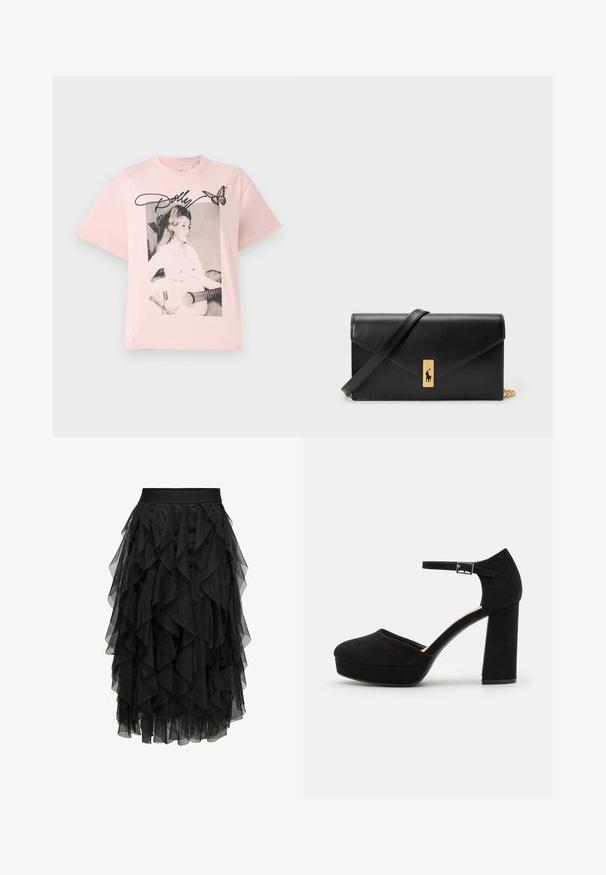 Pink cotton t-shirt featuring a black-and-white graphic of a woman with a guitar, accented with the name "Dolly" in script and a butterfly.; Black midi skirt made of layered tulle with a ruffled design. Features an elastic waistband. Transparent fabric adds texture and movement.; Black suede platform heels with a thick block heel, rounded toe, and ankle strap secured by a metal buckle. Smooth texture throughout.; Black leather wallet with a fold-over flap, gold hardware, featuring a logo accent. Includes a detachable strap for carrying.