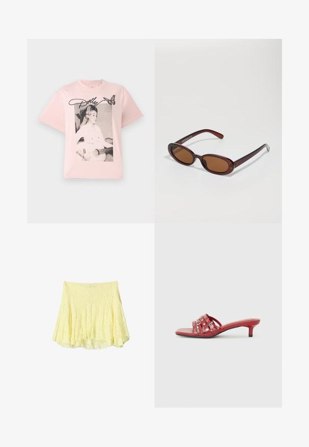 Rosa Baumwoll-T-Shirt mit einem schwarz-weißen Grafikbild einer Frau mit einer Gitarre, ergänzt durch den Namen "Dolly" in Schreibschrift und einem Schmetterling.; Gelber, ausgestellter Rock aus strukturiertem Stoff, mit einem schichtigen Design und einem leicht unregelmäßigen Saum. Leicht und luftig im Aussehen.; Rote offene Mules mit niedrigem Absatz, die mehrere horizontale Riemen mit runden Akzenten aufweisen. Glatte, glänzende Oberfläche. Quadratische Schuhspitze.; Runde, braun getönte Sonnenbrillen mit einem glänzenden burgunderfarbenen Rahmen. Schlanke Bügel mit dezentem Branding. Flaches Linsendesign.; Goldfarbene Drawstring-Handtasche mit einem runden Griff, verziert mit glänzenden runden Pailletten und einem strukturierten Stoff. Abmessungen sind nicht angegeben.