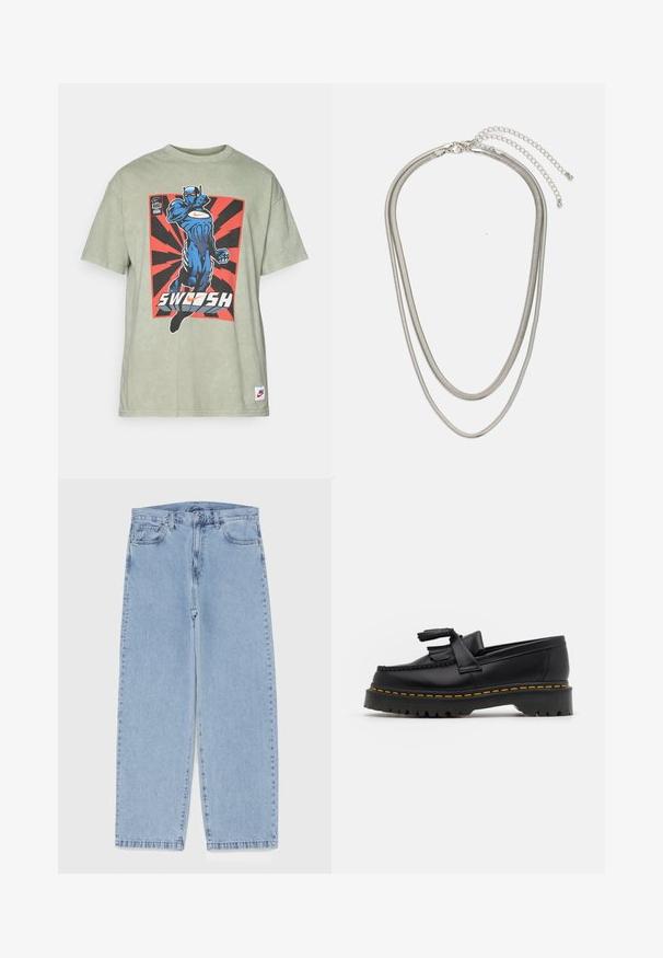 Vihreä puuvillapaita, jossa on sininen supersankarikuvasto ja "SWOOSH"-teksti punaisella ja mustalla räjähdys-taustalla. Raitakuosiset pyöreät pääntie.; Vaaleansiniset farkut suoran lahkeen muotoilulla, joissa on puolivälin vyötärö, viisi taskua sekä nappi- ja vetoketjusuljenta.; Musta nahkakengät, joissa on tupsuakkentti, paksu musta pohja ja keltainen ommel reunassa. Rakeinen pinta.; Kolmikerroksinen hopeametallinen kaulakoru, jossa on tyylikkäitä, joustavia ketjuja, joissa on hieno kiilto. Kaulakoru on kiinnitetty hummerilukolla ja siinä on säädettävä ketju.