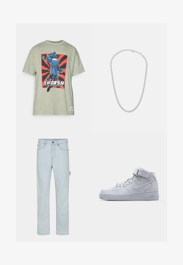 Zelené bavlněné tričko s modrou grafikou superhrdiny a textem "SWOOSH" na červeném a černém výbuchovém pozadí. Hladký kulatý výstřih.; Světle modré džínové kalhoty, rovný střih, s knoflíkovým zapínáním, pěti kapsami a bočními smyčkami pro zvýšenou funkčnost.; Vysoké šedé tenisky Nike Air Force 1 s koženým svrškem, polstrovaným límcem a pásem na suchý zip. Ikonický design obsahuje perforovanou špičku.; Stříbrný kovový řetízek na krk s proplétajícími se články a bezpečným zapínáním, hladký povrch, rovnoměrné zpracování a klasický design.